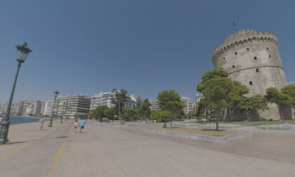360 VR Waterfront Victory Avenue with White Tower. Thessaloniki, Greece