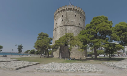 360 VR White Tower Square with people relaxing under the trees. Thessaloniki