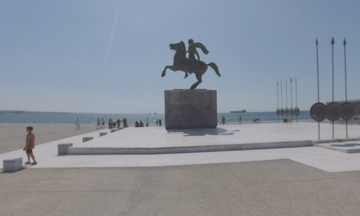 360 VR Waterfront square with Alexander the Great monument. Thessaloniki, Greece