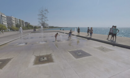 360 VR Sea-front with fountains and Umbrellas sculpture. Thessaloniki, Greece