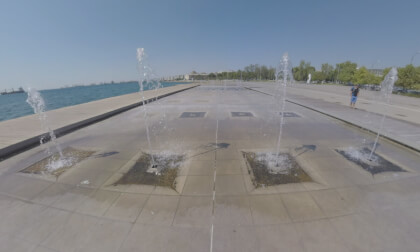 360 VR Thessaloniki cityscape with Umbrellas sculpture on waterfront, Greece