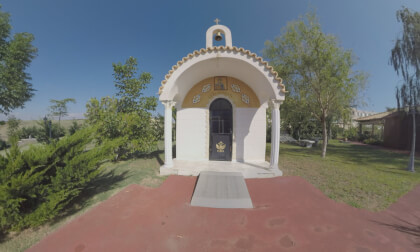 360 VR Small chapel in the garden on resort, Greece