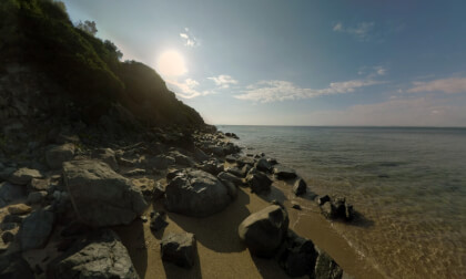 360 VR Seascape with coastline and rocks at the beach. Trikorfo Beach, Greece 360 VR Seascape with coastline and rocks at the beach. Trikorfo Beach, Greece