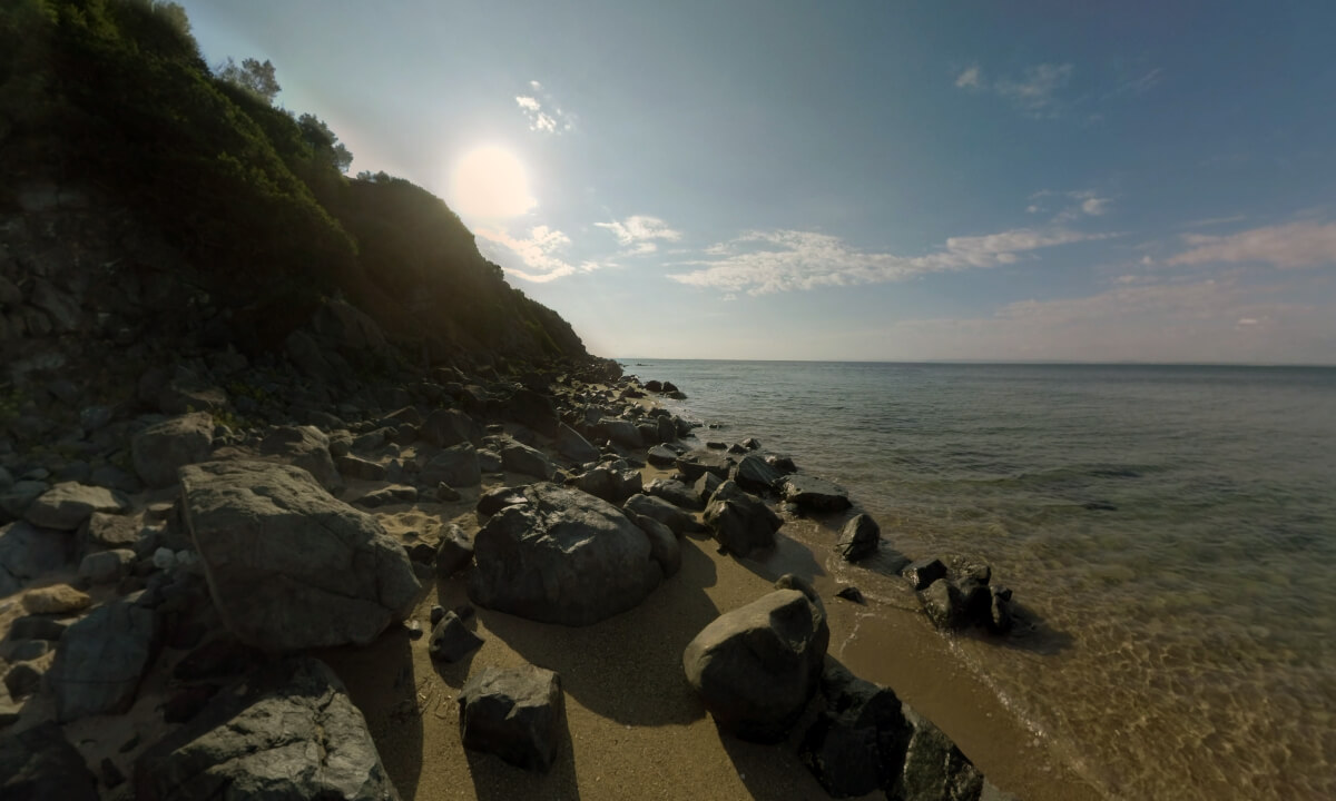 360 VR Seascape with coastline and rocks at the beach. Trikorfo Beach, Greece