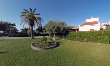 360 VR Cottages and green gardens at Trikorfo Beach resort, Greece