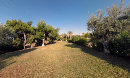 360 VR Chapel in green garden at Trikorfo Beach resort, Greece