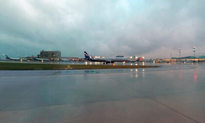 360 VR Evening view of Sheremetyevo Airport and spotters are going to shoot