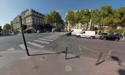 360 VR Paris cityscape with traffic on crossroad, France