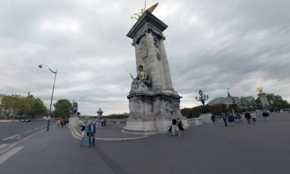 360 VR Paris cityscape with traffic on crossroad with Pont Alexandre III, France
