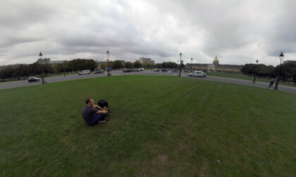 360 VR City scene with Les Invalides and people relaxing on the lawn, Paris