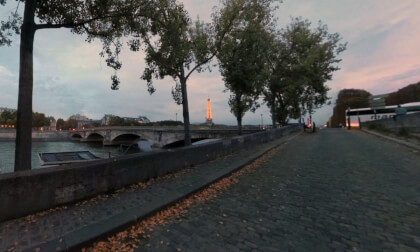 360 VR Paris evening view with Seine, Pont des Invalides and waterfront street