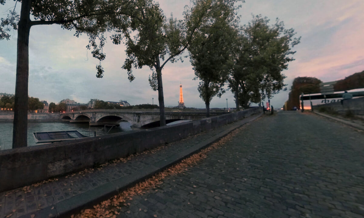 360 VR Paris evening view with Seine, Pont des Invalides and waterfront street