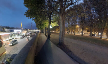 360 VR Night Paris with Bateaux Mouches on waterfront and Yerevan Garden, France