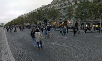 360 VR People walking on Avenue des Champs-Elysees in Paris, France