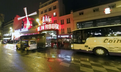 360 VR Moulin Rouge and tourists taking photos from Place Blanche in night Paris