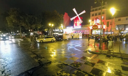 360 VR Streets in night Paris with view to Moulin Rouge, France