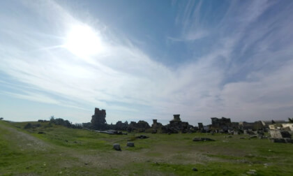 360 VR Father with son exploring ancient city Hierapolis in Turkey