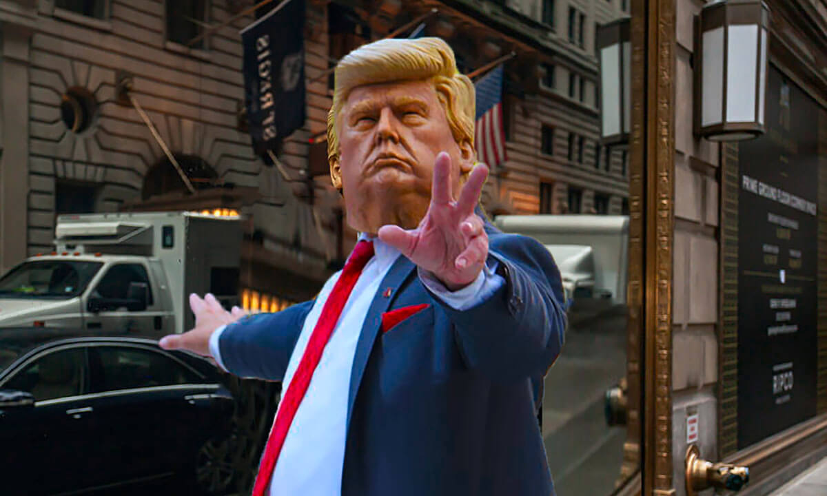 Man with Donald Trump mask controls traffic outside of The TRUMP BUILDING in New York