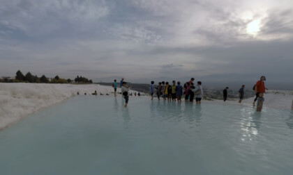 360 VR Tourists in Pamukkale thermal pool, Turkey. Popular natural site