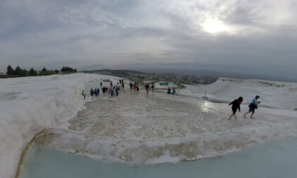 360 VR Tourists exploring travertines and thermal pools in Pamukkale, Turkey