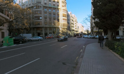 360 VR Street view in Valencia, Spain. City architecture and traffic on the road