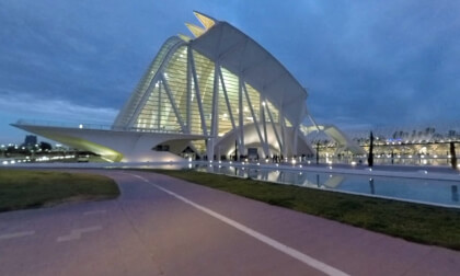 360 VR City of Arts and Sciences with green park, view in the dusk. Valencia