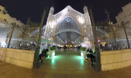 360 VR Night cityscape of Valencia with Mercado de Colon, Spain