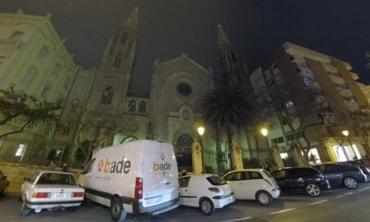 360 VR City street with Basilica San Vicente Ferrer in night Valencia, Spain