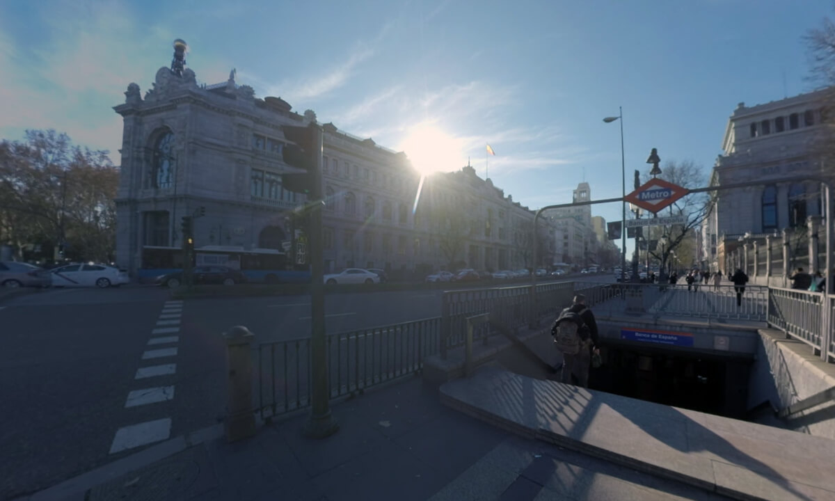 360 VR Madrid cityscape with City Hall and car traffic on Calle de Alcala, Spain