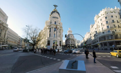 360 VR Madrid view with busy streets, Metropolis, car and people traffic