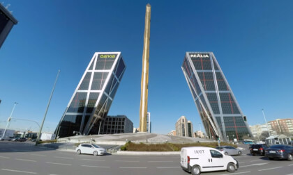 360 VR Madrid cityscape with Gate of Europe towers and Plaza Castilla, Spain