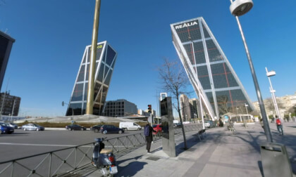 360 VR Plaza Castilla with Gate of Europe towers in Madrid, Spain