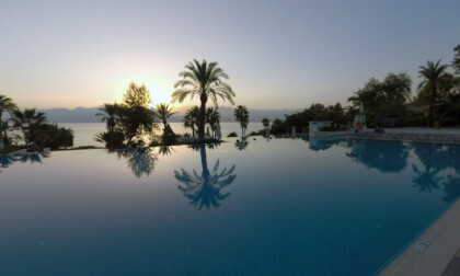 360 VR Resort with swimming pool overlooking the sea and sunset. Antalya, Turkey