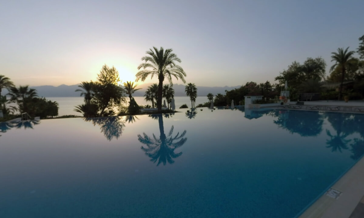 360 VR Resort with swimming pool overlooking the sea and sunset. Antalya, Turkey