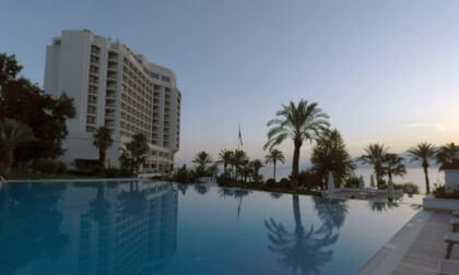 360 VR Resort on Mediterranean Sea coast in Turkey. View with hotel and pool