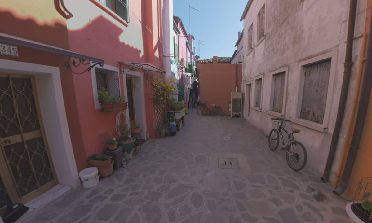 360 VR Paved street with traditional Burano houses, Italy