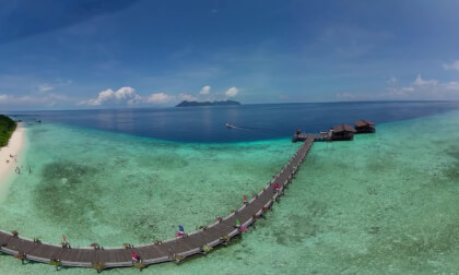Tropical island with sandy beach view from above. Malaysia. Pompom Islet. VR Video Tropical island with sandy beach view from above. Malaysia. Pompom Islet. VR