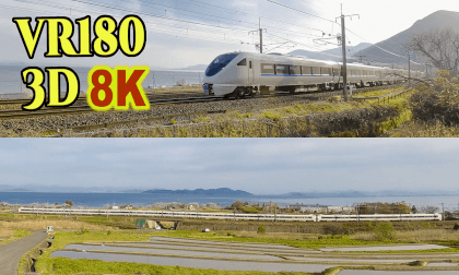 Trains on the Kosei Line running with Lake Biwa in the background,Japan Trains on the Kosei Line running with Lake Biwa in the background,Japan
