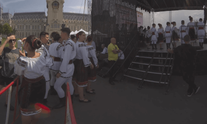 [CALF] "The Flowers of Moldova" Romanian folk youth dancers preparing to step on stage, kids on stage