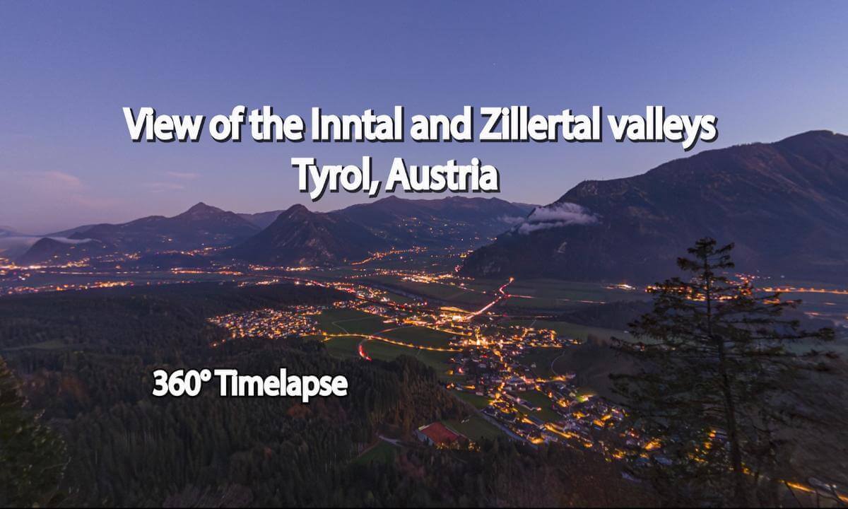 View of the Inntal and Zillertal valleys in Tyrol, Austria. 360° Timelapse.