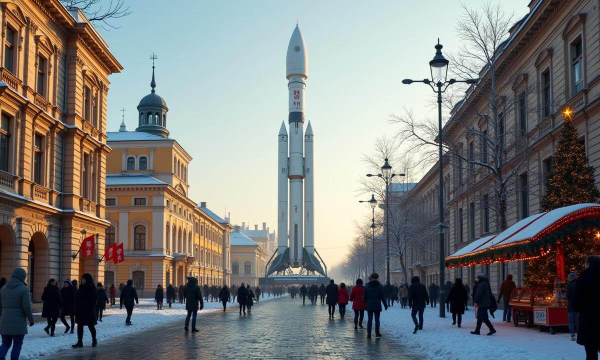 Space Rocket "Soyuz" in the city center. Spatial slideshow, 8k, hdr.