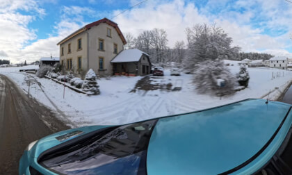 On the road In the completely snow-covered French Jura in 8k along the Doubs river On the road In the completely snow-covered French Jura in 8k along the Doubs river