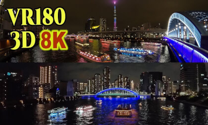Many japanese traditional style houseboats passing by on the Sumida River during cherry blossom viewing season in Tokyo,JAPAN VR Video Many japanese traditional style houseboats passing by on the Sumida River during cherry blossom viewing season in Tokyo,JAPAN VR