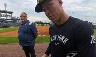 Aaron Judge of the New York Yankees signing a ball I got from a Cody Bellinger foulball at the Yankees spring training. 360° video