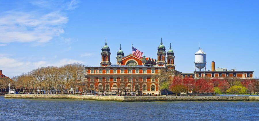 Ellis Island view from the boat, New York, Manhattan in VR