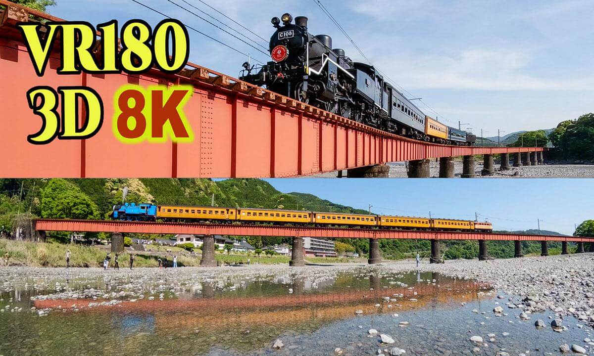 Steam locomotives crossing the Oigawa First Bridge at Oigawa Railway in Shizuoka , JAPAN