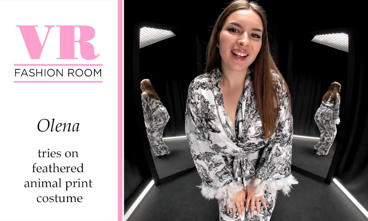 Olena tries on a beautiful suit with an animalistic print in VR Fashion Room