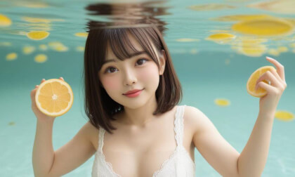 Underwater woman and lemon