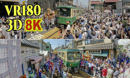 Enoshima Tenno Festival , the Enoden streetcar comes very close to the portable shrine in Kanagawa , JAPAN Enoshima Tenno Festival , the Enoden streetcar comes very close to the portable shrine in Kanagawa , JAPAN