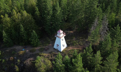 Aerial View of Pilot Bay Lighthouse on Kootenay Lake, near Crawford Bay, west kootenay, British Columbia (4k, Flat) VR Video Aerial View of Pilot Bay Lighthouse on Kootenay Lake, near Crawford Bay, west kootenay, British Columbia (4k, Flat) VR